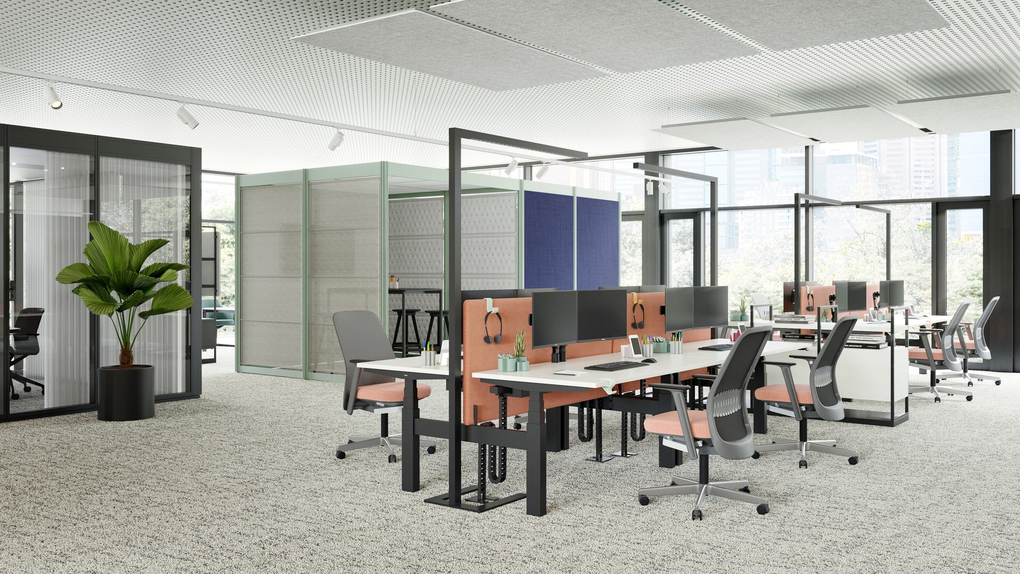 Bene Showroom mit ergonomischen Bürostühlen und höhenverstellbaren Tischen