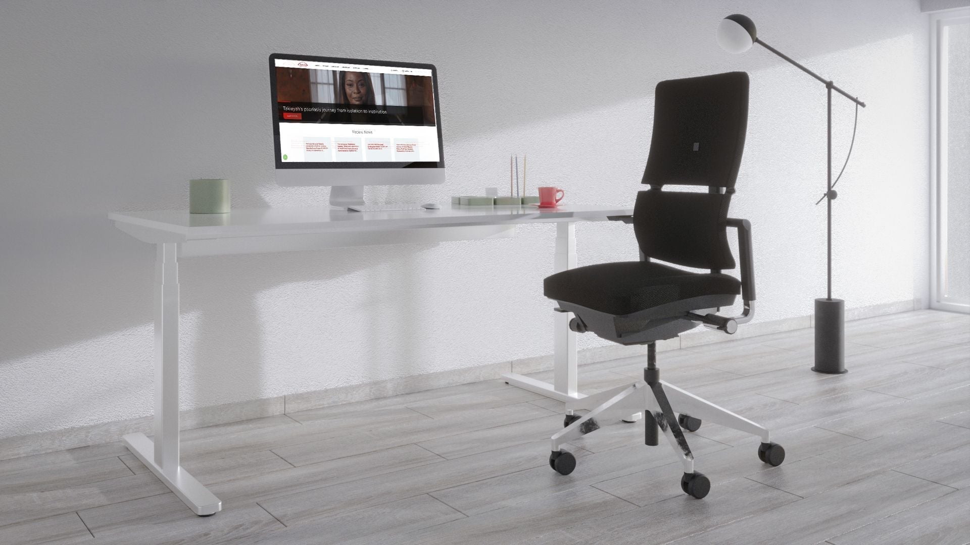 Workstatt Büroraum mit Bene Level Lift Schreibtisch und Artemide Tolomeo Lampe