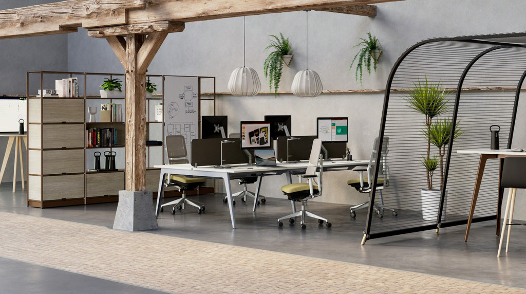 Steelcase ergonomisches Büro mit Steelcase Please Bürostühlen und Steelcase Eclipse Leuchten