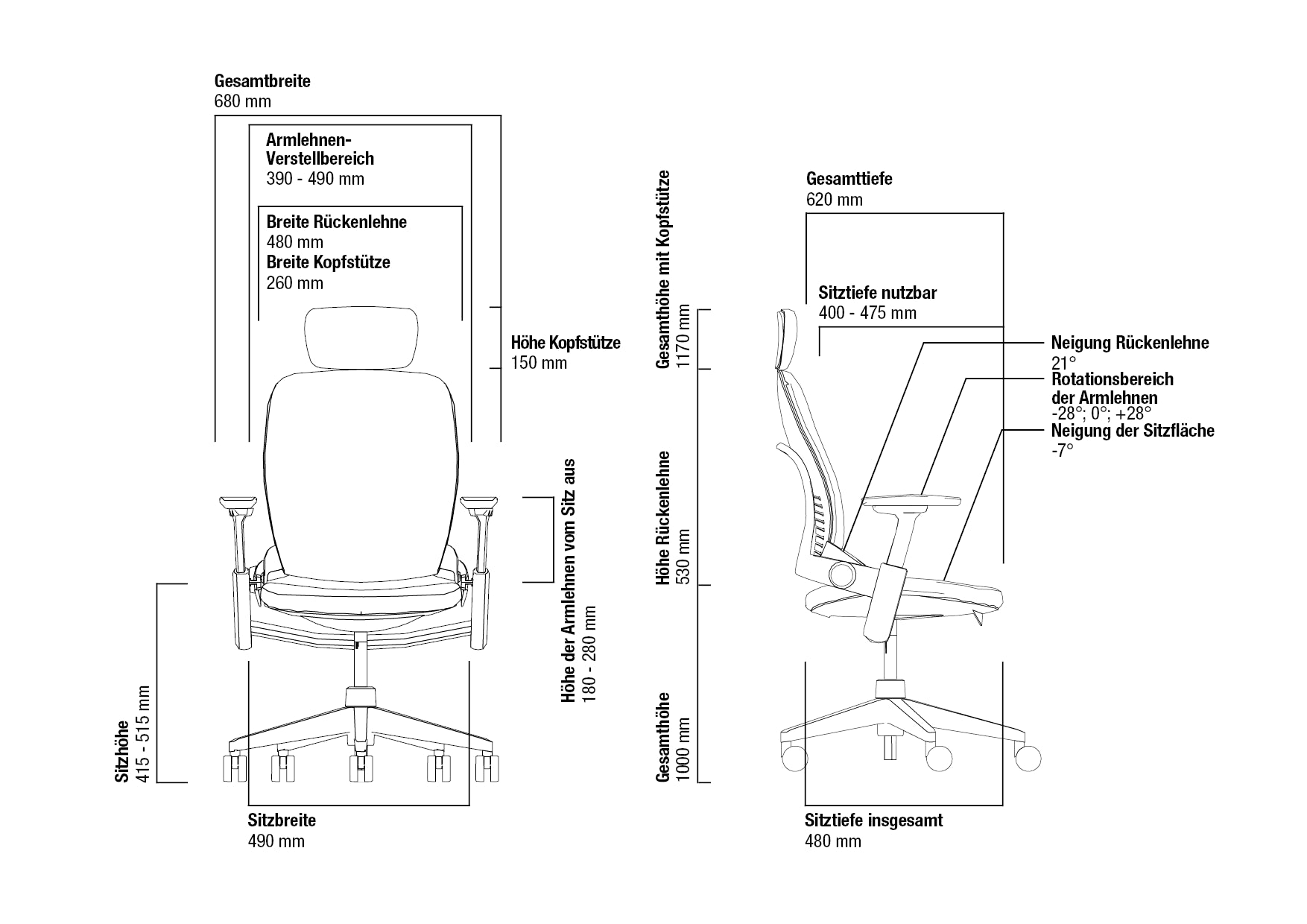 Steelcase Leap Technische Zeichnung
